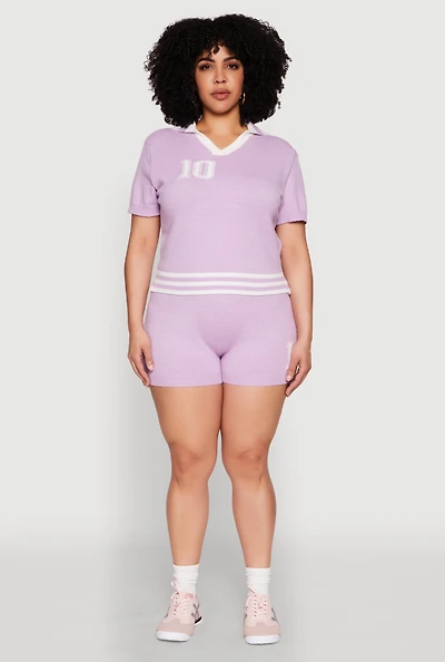 Womens Plus Size Daisy 10 Graphic Varsity Stripe Shorts, Purple, Size 2X