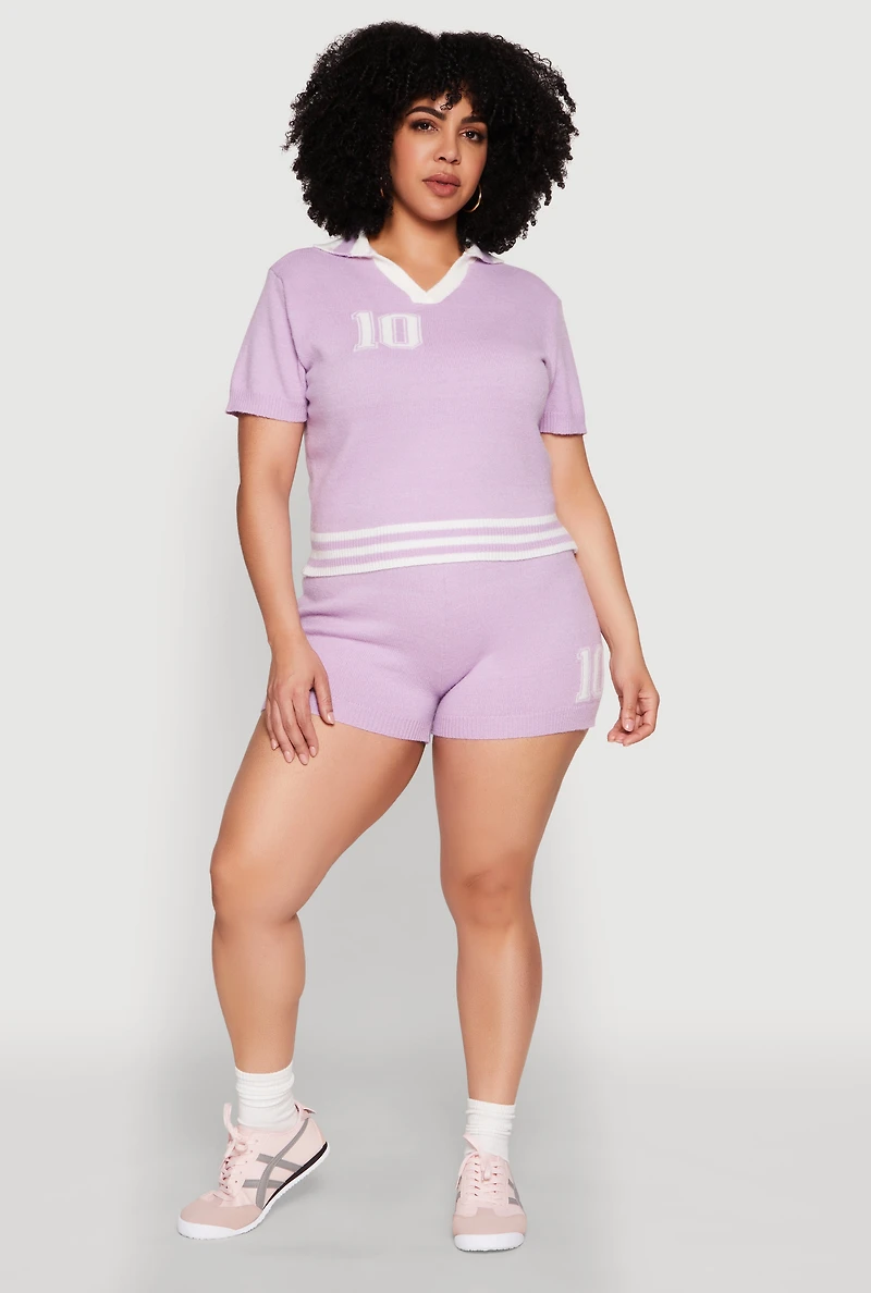 Womens Plus Size Daisy 10 Graphic Varsity Stripe Shorts, Purple, Size 2X