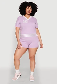 Womens Plus Size Daisy 10 Graphic Varsity Stripe Shorts, Purple, Size 2X