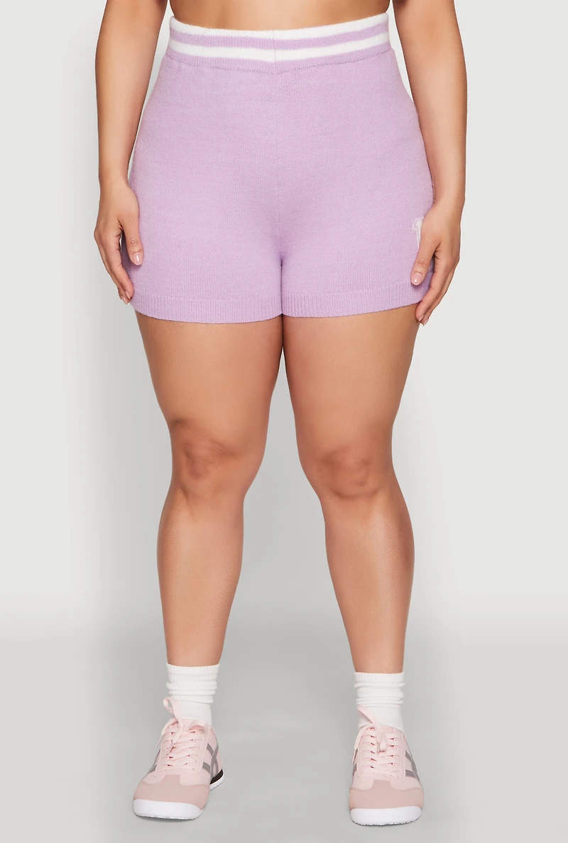 Womens Plus Size Daisy 10 Graphic Varsity Stripe Shorts, Purple, Size 2X