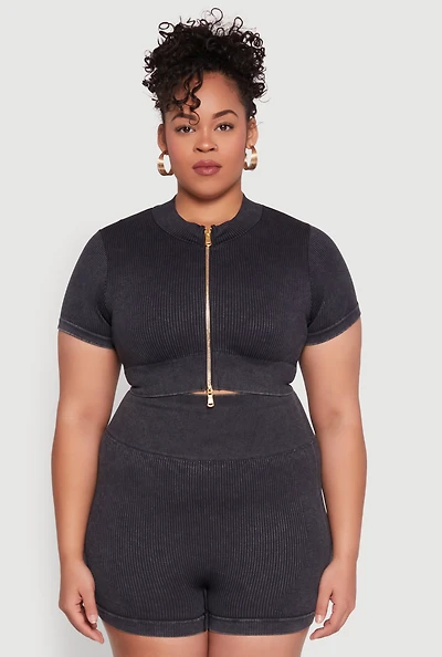 Womens Plus Daisy Mineral Wash Seamless Zip Front Top,