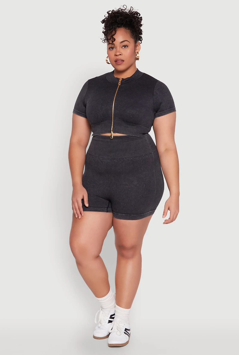 Womens Plus Daisy Mineral Wash Seamless Zip Front Top,