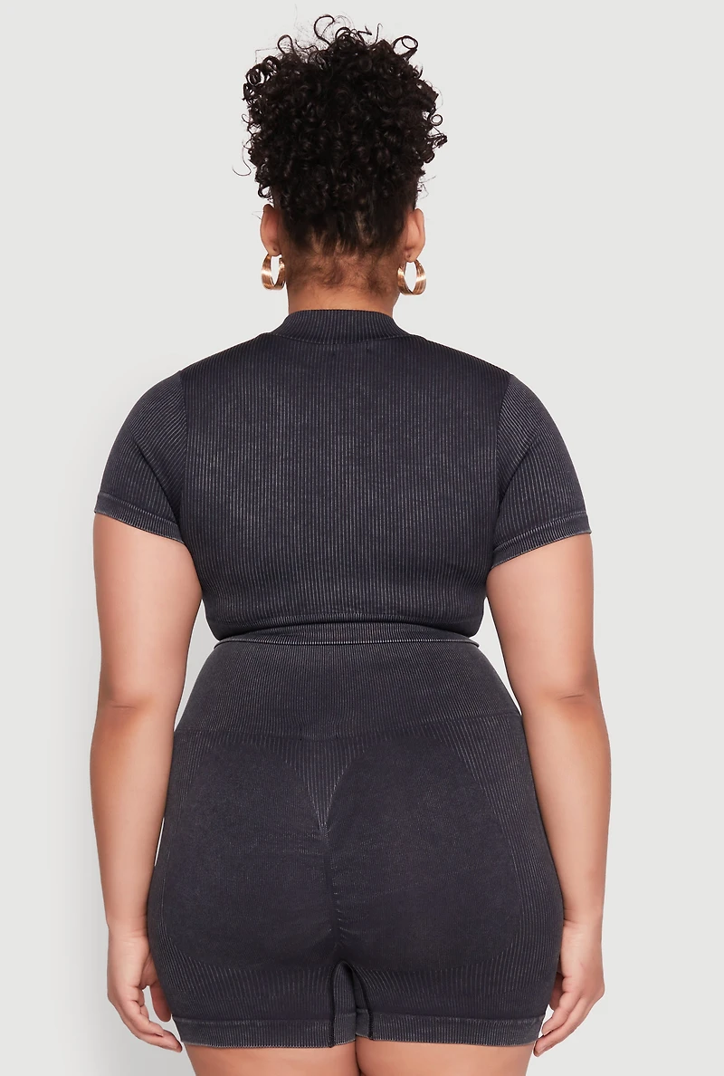 Womens Plus Daisy Mineral Wash Seamless Zip Front Top,