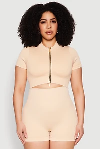 Womens Plus Daisy Mineral Wash Seamless Zip Front Top,