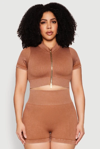 Womens Plus Daisy Mineral Wash Seamless Zip Front Top,