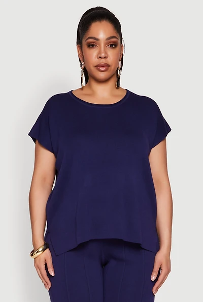 Womens Plus Size Daisy Knitted Crew Neck Top, Blue, Size 2X