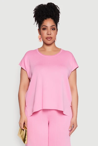 Womens Plus Size Daisy Knitted Crew Neck Top, Pink, Size 2X