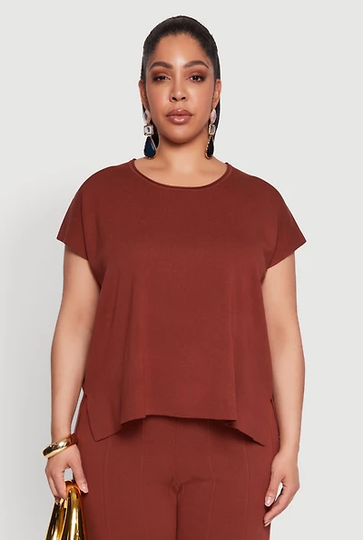 Womens Plus Size Daisy Knitted Crew Neck Top, Brown, Size 1X
