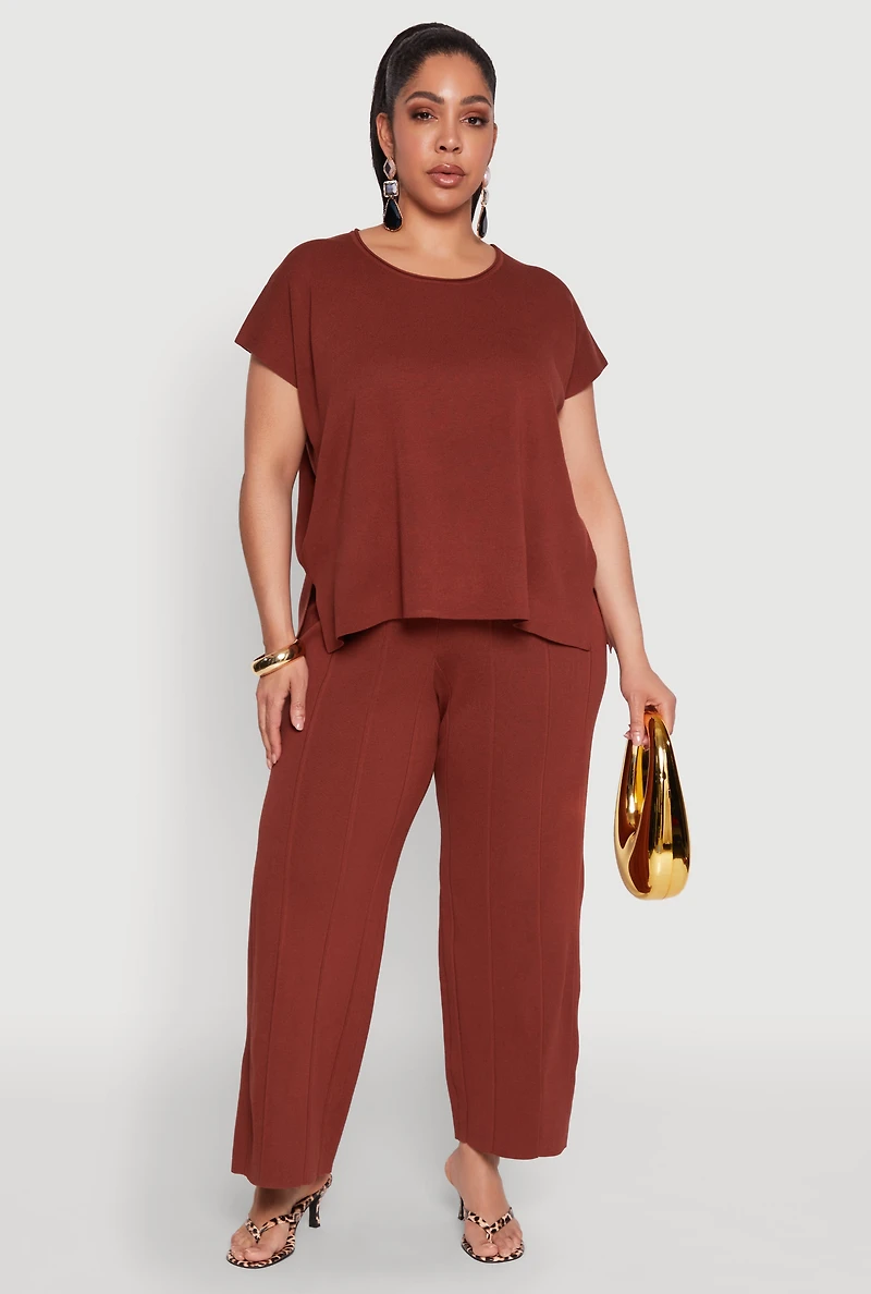 Womens Plus Size Daisy Knitted Crew Neck Top, Brown, Size 1X