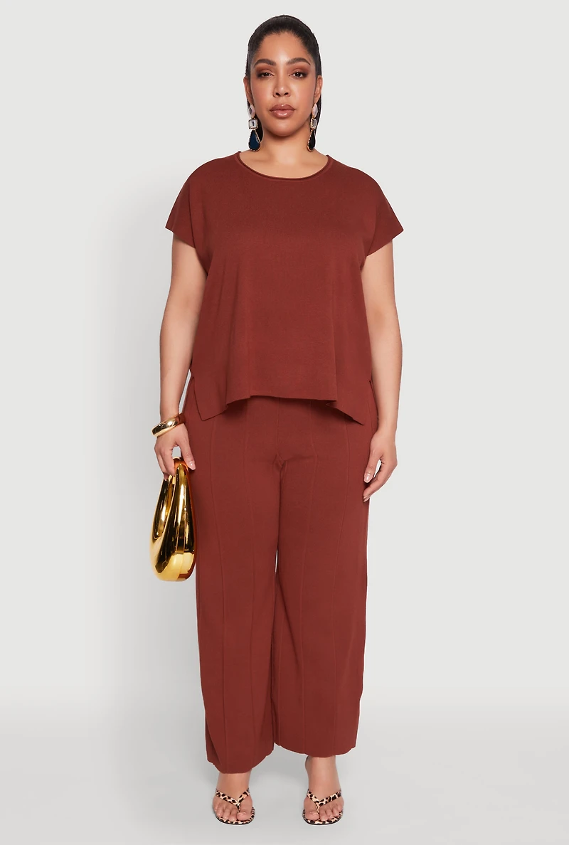 Womens Plus Size Daisy Knitted Crew Neck Top, Brown, Size 1X