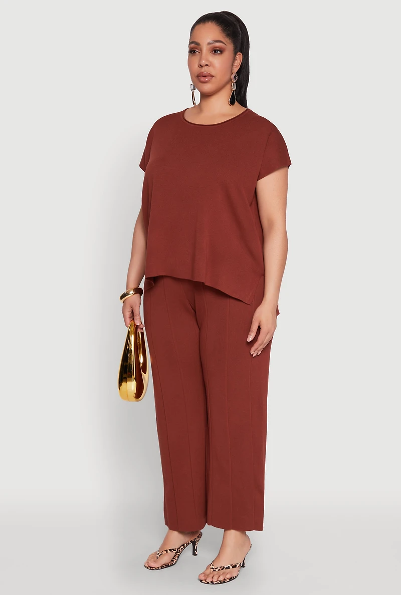 Womens Plus Size Daisy Knitted Crew Neck Top, Brown, Size 1X