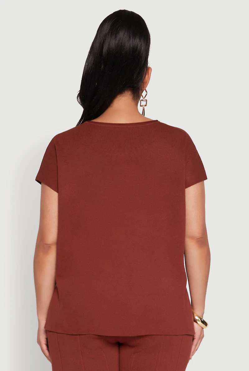 Womens Plus Size Daisy Knitted Crew Neck Top, Brown, Size 1X