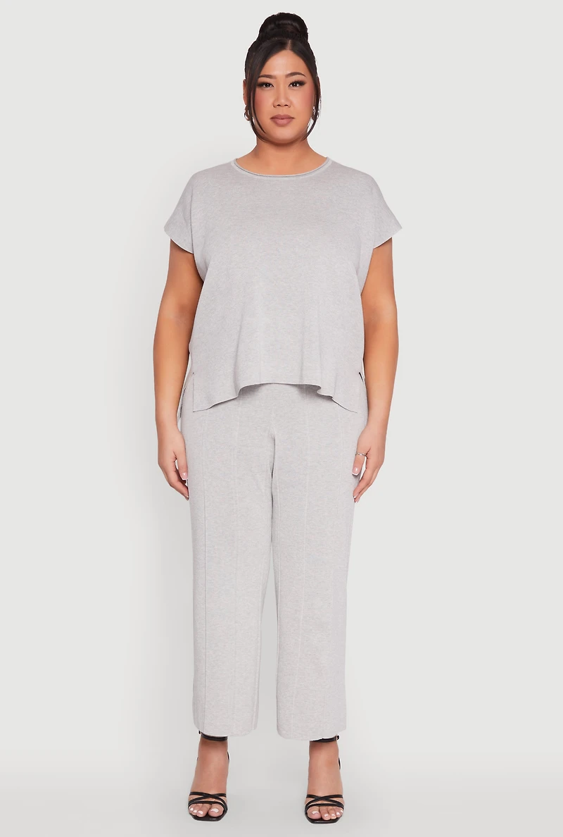 Womens Plus Size Daisy Knitted Pintuck Wide Leg Pants, Grey, Size 2X