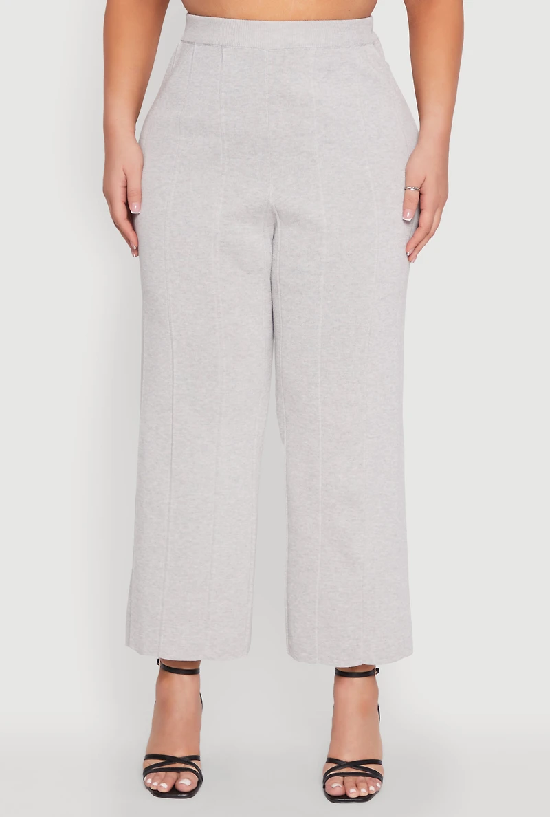 Womens Plus Size Daisy Knitted Pintuck Wide Leg Pants, Grey, Size 2X