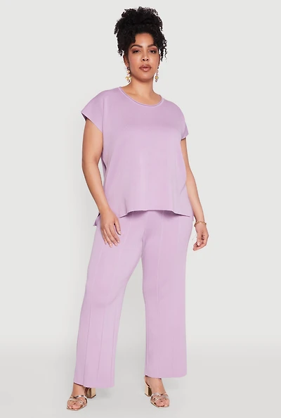 Womens Plus Size Daisy Knitted Pintuck Wide Leg Pants, Purple, Size 2X