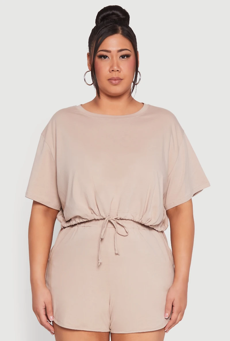 Womens Plus Daisy Drawstring Hem Crop Top, Beige,