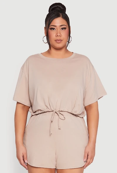 Womens Plus Daisy Drawstring Hem Crop Top, Beige,