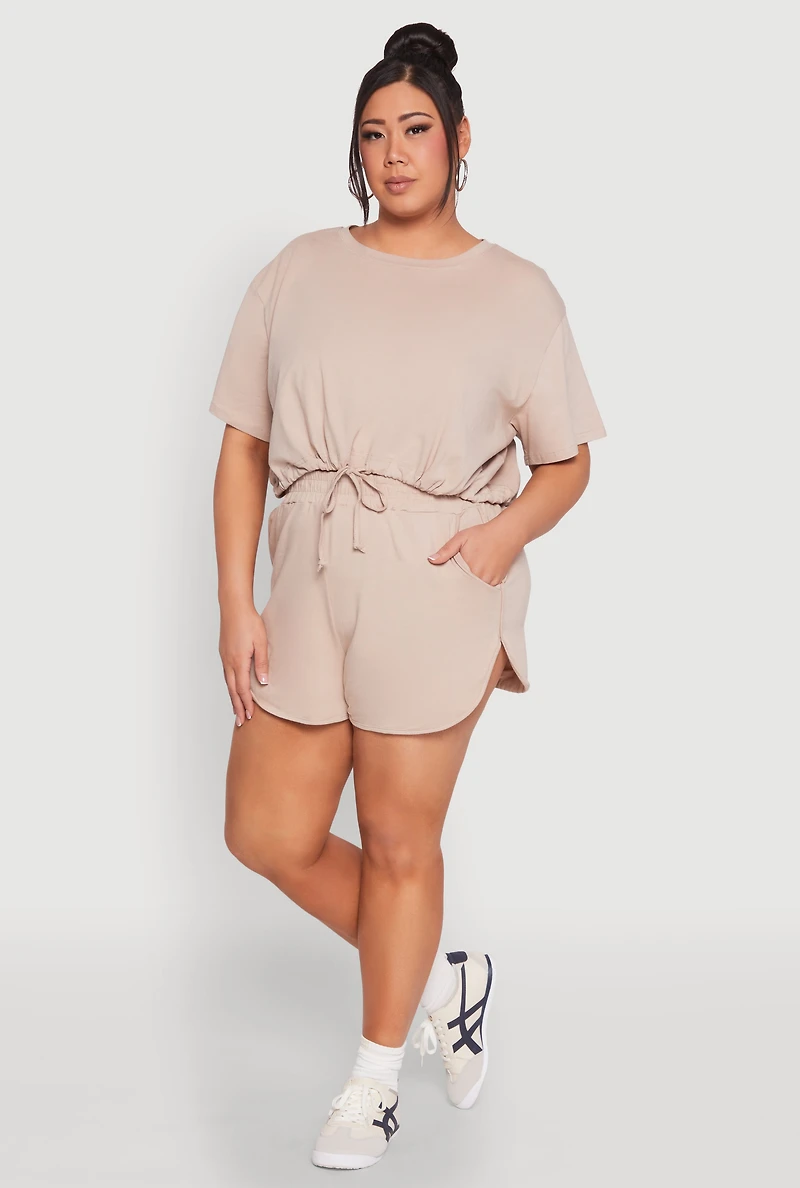 Womens Plus Daisy Drawstring Hem Crop Top, Beige,