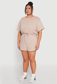 Womens Plus Daisy Drawstring Hem Crop Top, Beige,