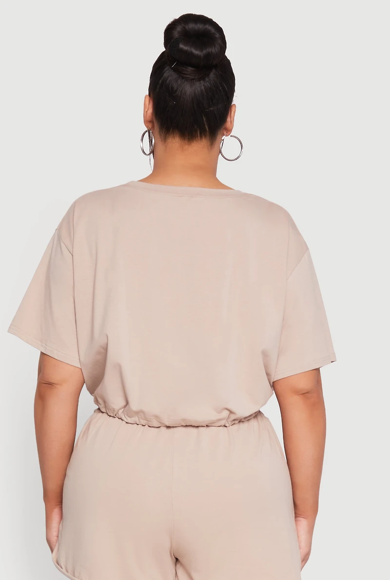 Womens Plus Daisy Drawstring Hem Crop Top, Beige,