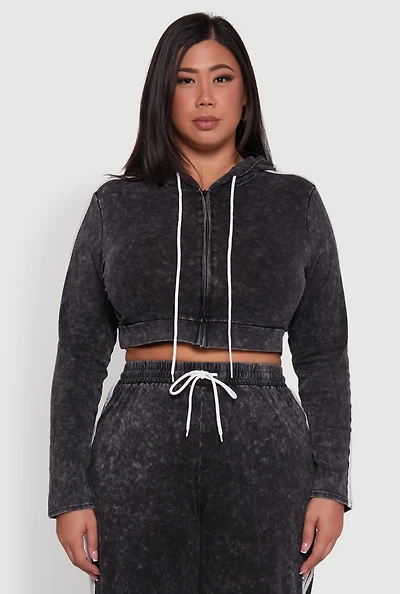 Plus Daisy Acid Wash Varsity Stripe Cropped Hoodie