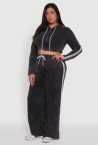 Womens Plus Size Daisy Acid Wash Varsity Stripe Cropped Hoodie, Black, Size 2X
