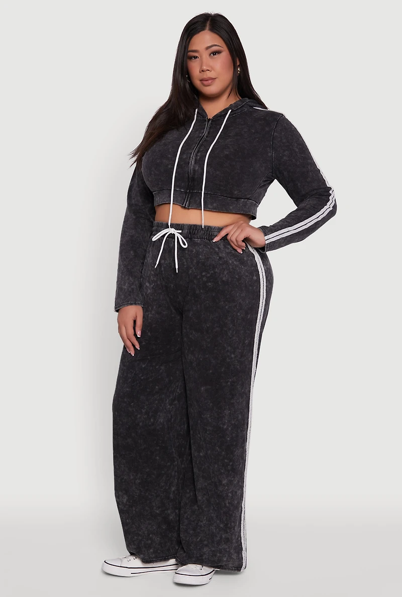 Womens Plus Daisy Acid Wash Varsity Stripe Cropped Hoodie,