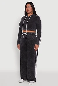 Womens Plus Size Daisy Acid Wash Varsity Stripe Cropped Hoodie, Black, Size 3X