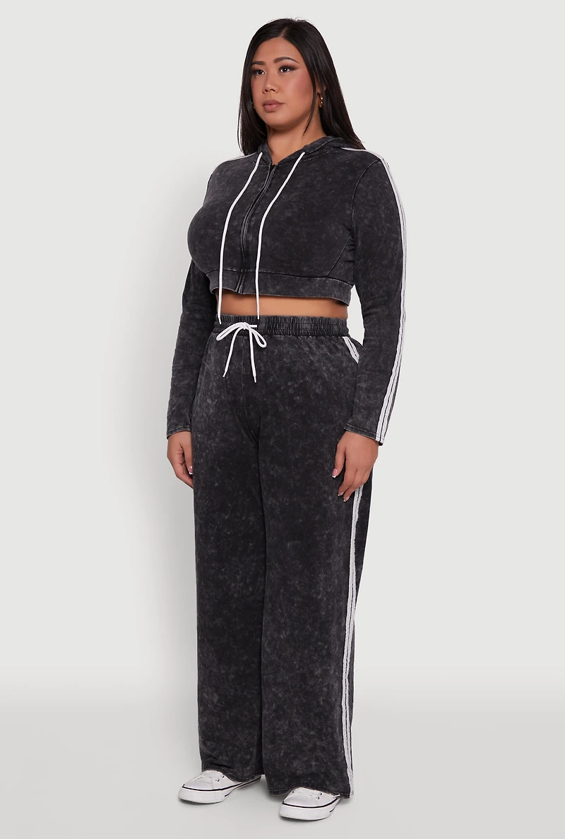 Womens Plus Daisy Acid Wash Varsity Stripe Cropped Hoodie,