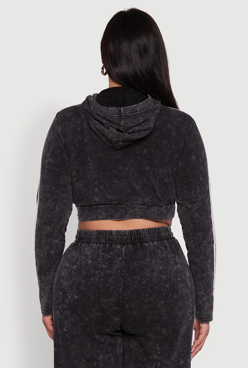 Womens Plus Size Daisy Acid Wash Varsity Stripe Cropped Hoodie, Black, Size 2X