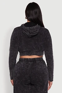 Womens Plus Size Daisy Acid Wash Varsity Stripe Cropped Hoodie, Black, Size 2X