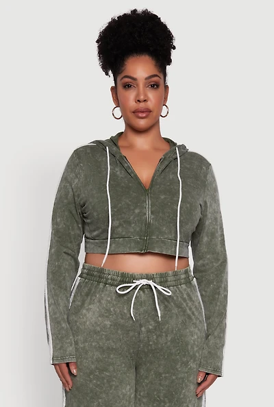 Womens Plus Size Daisy Acid Wash Varsity Stripe Cropped Hoodie, Green, Size 2X