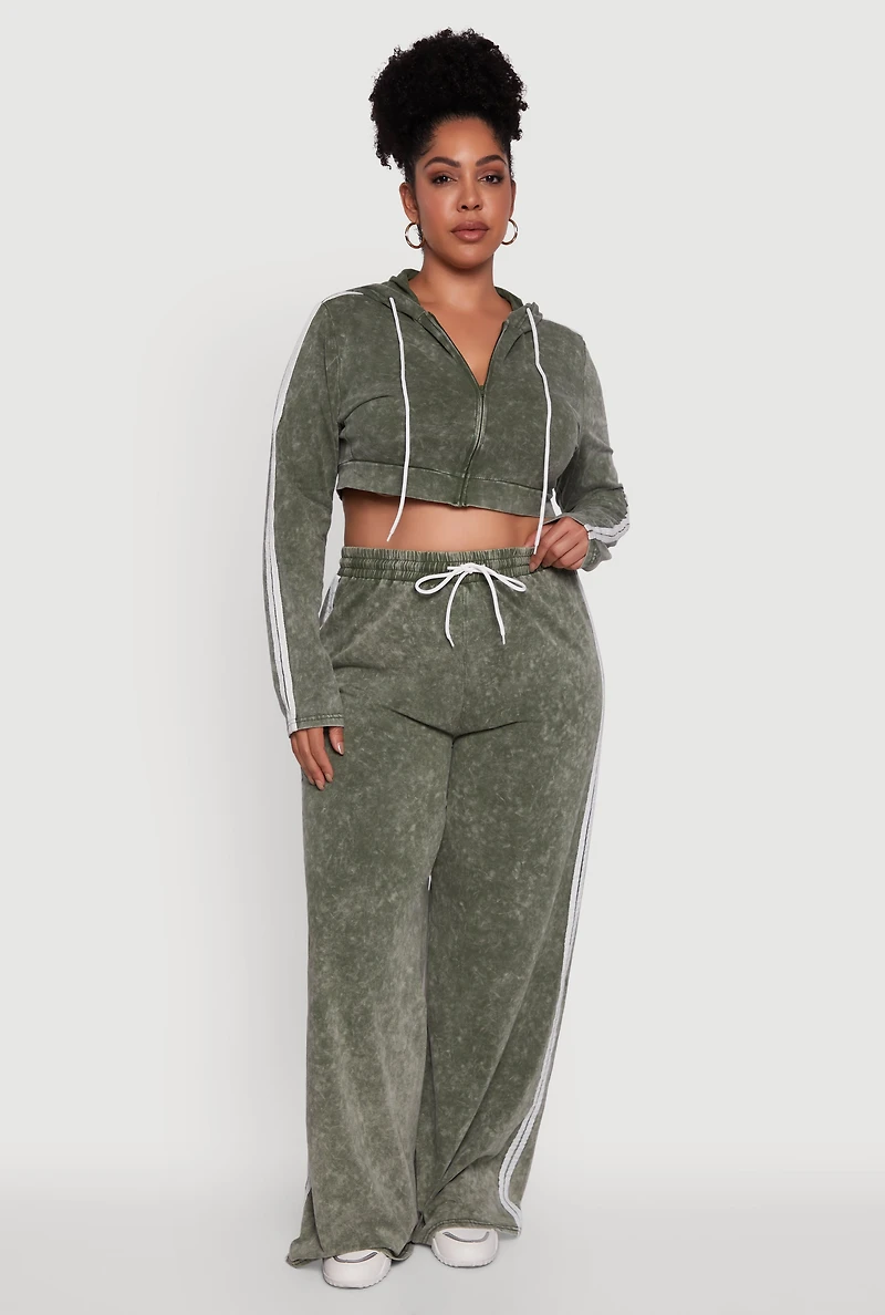 Womens Plus Size Daisy Acid Wash Varsity Stripe Cropped Hoodie, Green, Size 3X