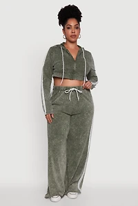 Womens Plus Size Daisy Acid Wash Varsity Stripe Cropped Hoodie, Green, Size 3X