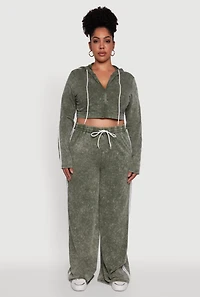 Womens Plus Size Daisy Acid Wash Varsity Stripe Cropped Hoodie, Green, Size 3X