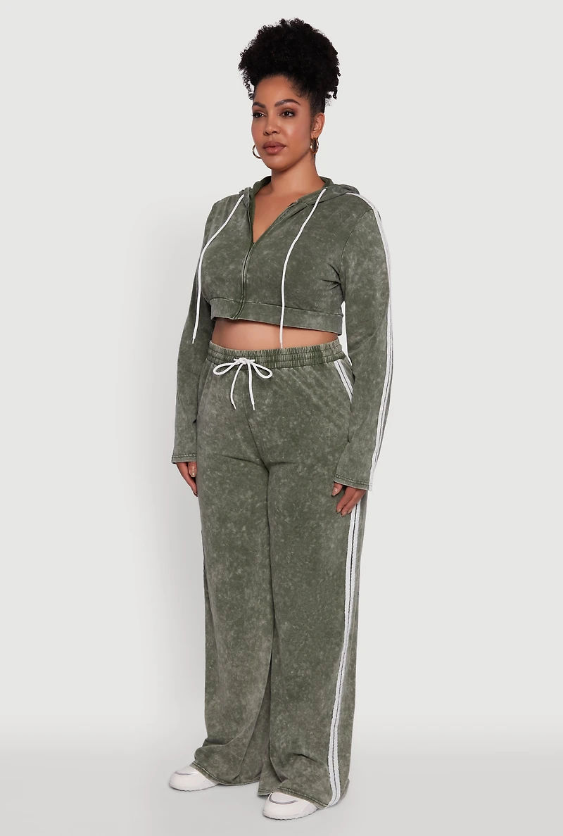 Womens Plus Size Daisy Acid Wash Varsity Stripe Cropped Hoodie, Green, Size 3X