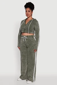 Womens Plus Size Daisy Acid Wash Varsity Stripe Cropped Hoodie, Green, Size 3X