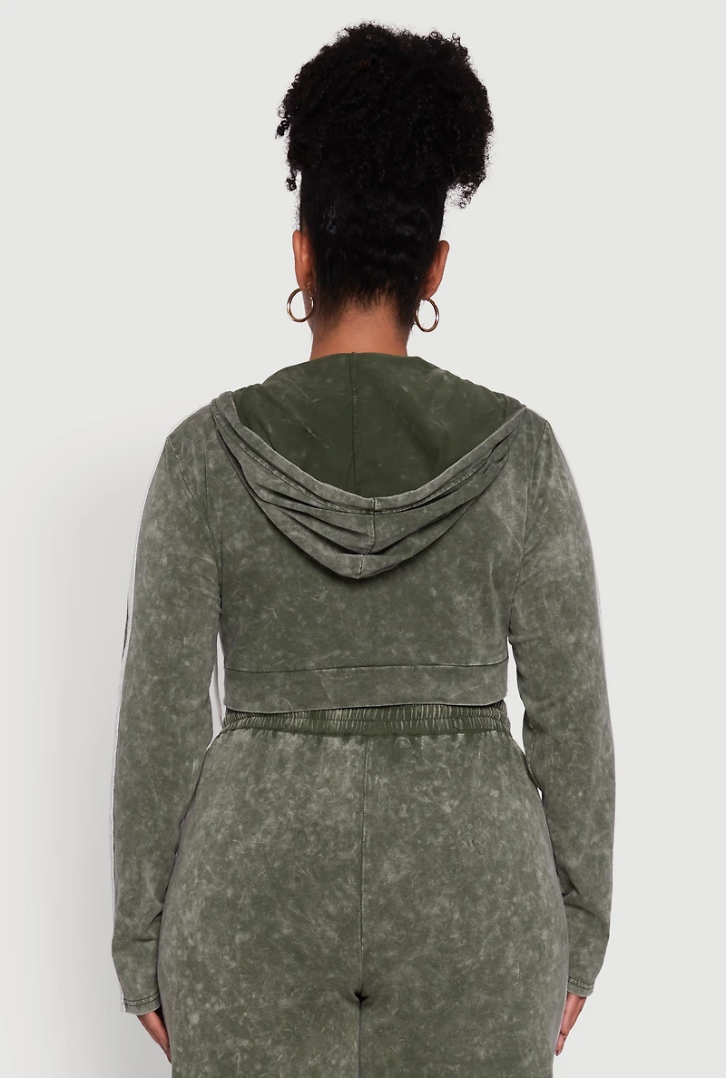 Womens Plus Size Daisy Acid Wash Varsity Stripe Cropped Hoodie, Green, Size 3X
