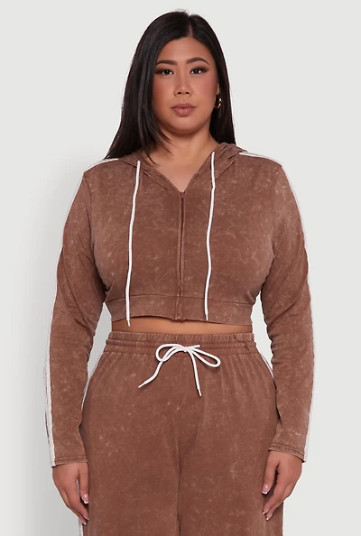 Womens Plus Size Daisy Acid Wash Varsity Stripe Cropped Hoodie, Brown, Size 2X