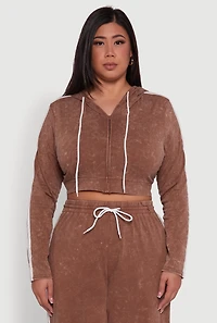 Womens Plus Size Daisy Acid Wash Varsity Stripe Cropped Hoodie, Brown, Size 2X