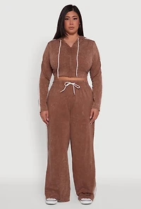 Womens Plus Size Daisy Acid Wash Varsity Stripe Cropped Hoodie, Brown, Size 3X