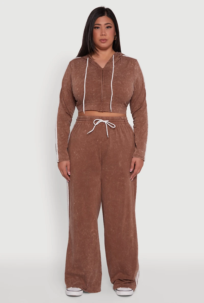 Womens Plus Size Daisy Acid Wash Varsity Stripe Cropped Hoodie, Brown, Size 2X