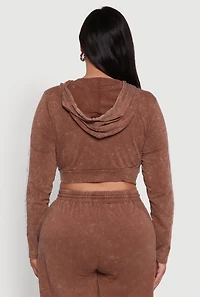 Womens Plus Size Daisy Acid Wash Varsity Stripe Cropped Hoodie, Brown, Size 3X