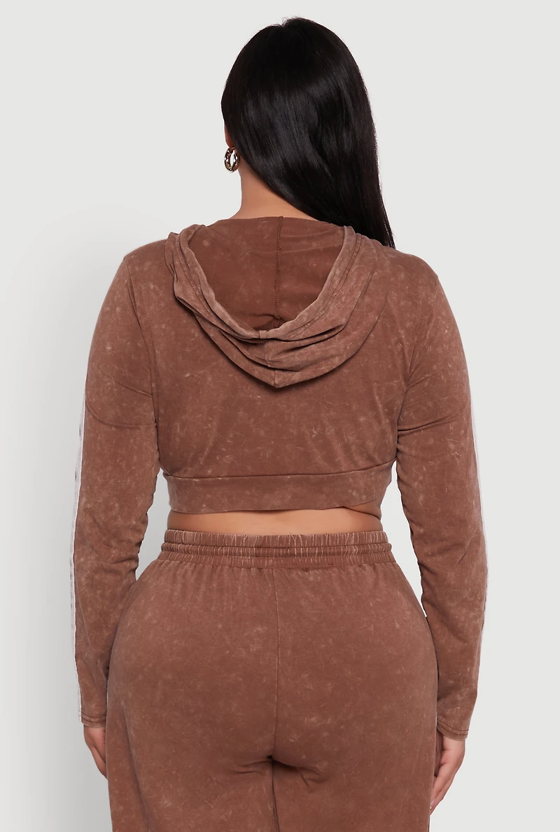 Womens Plus Size Daisy Acid Wash Varsity Stripe Cropped Hoodie, Brown, Size 2X