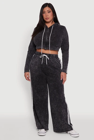 Womens Plus Daisy High Waisted Acid Wash Wide Leg Pants,