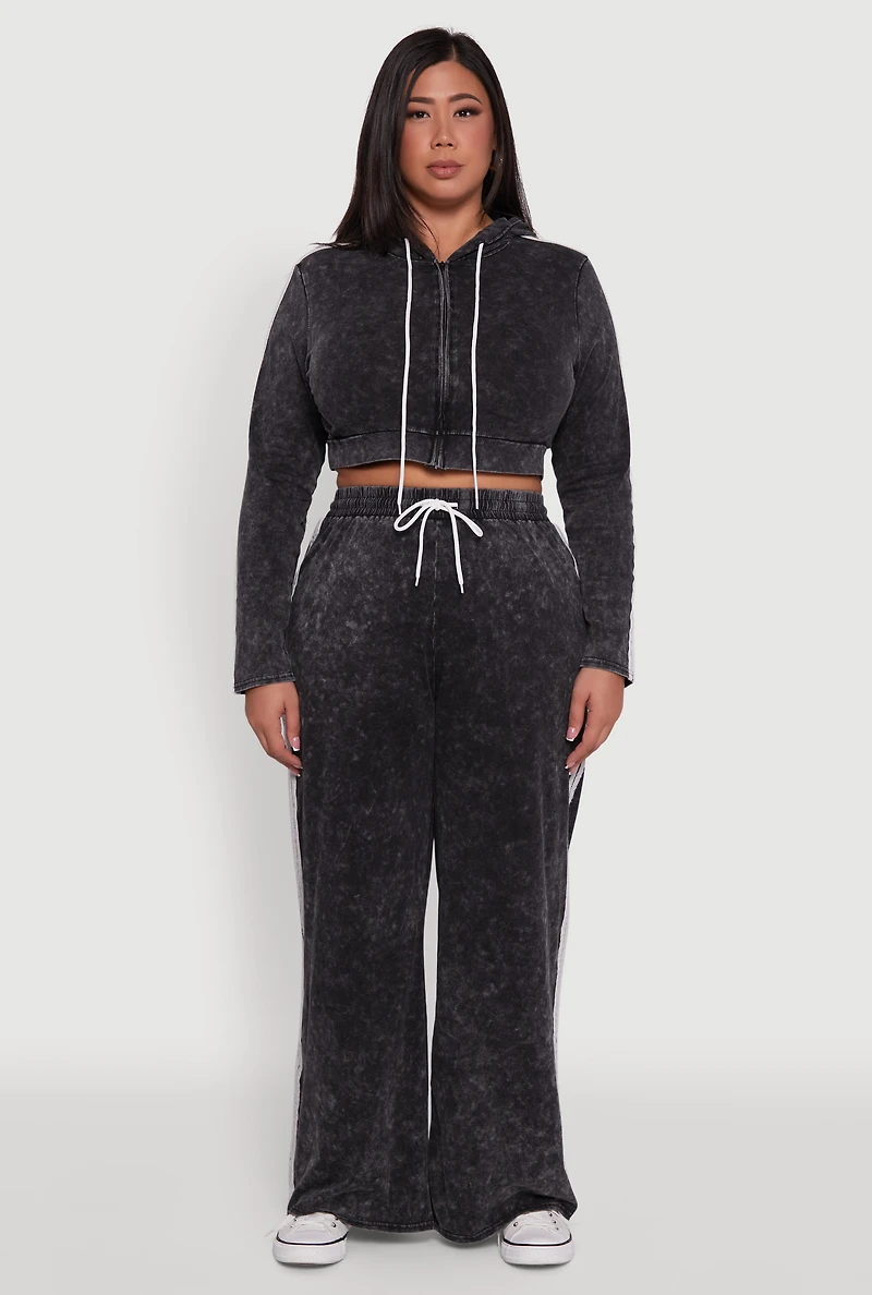 Womens Plus Daisy High Waisted Acid Wash Wide Leg Pants,