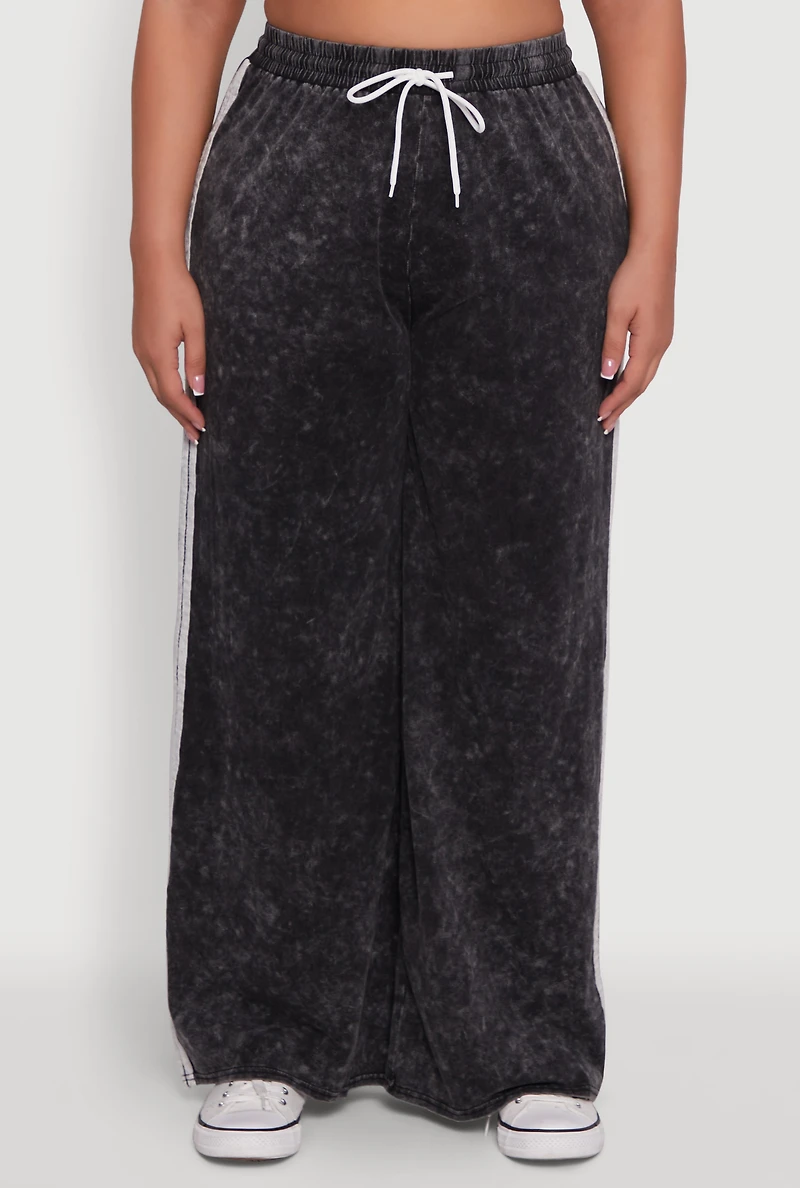 Womens Plus Size Daisy High Waisted Acid Wash Wide Leg Pants, Black, Size 2X