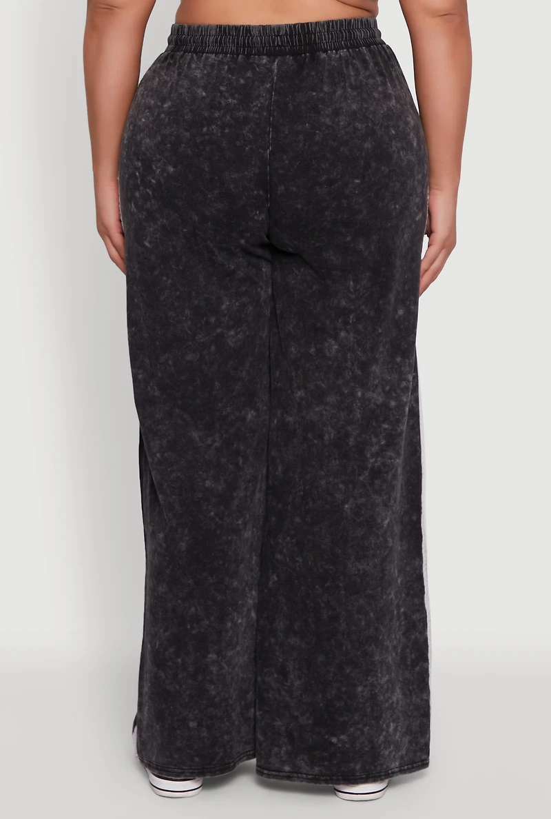 Womens Plus Daisy High Waisted Acid Wash Wide Leg Pants,