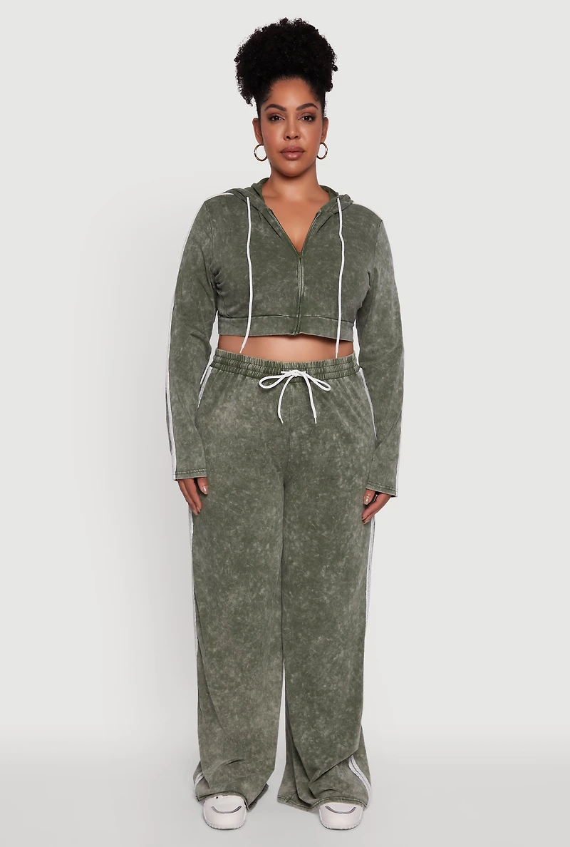 Womens Plus Size Daisy High Waisted Acid Wash Wide Leg Pants, Green, Size 1X