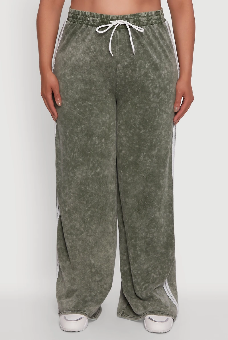 Womens Plus Size Daisy High Waisted Acid Wash Wide Leg Pants, Green, Size 1X